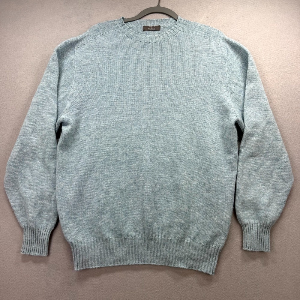 Hawico for Ben Silver Sweater Mens XL Blue Pure Cashmere Knit Ribbed Cuffs & Hem